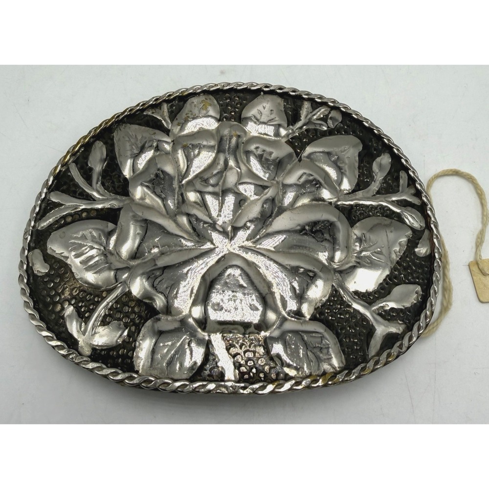 Statement Artisan Belt Buckle Threadable Floral Silver Tone Western Large